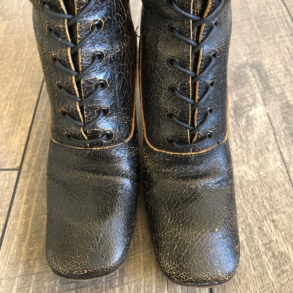 MIU MIU Black Distressed Leather Lace Up Boots
